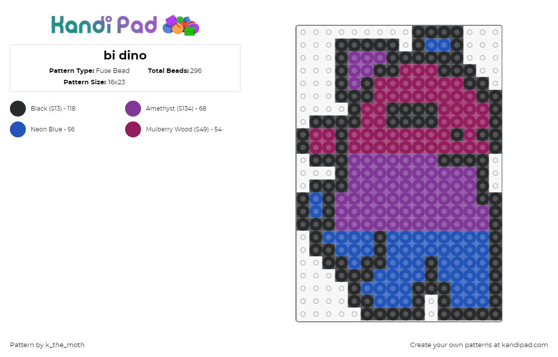 bi dino - Fuse Bead Pattern by k_the_moth on Kandi Pad - dinosaur,bisexual,pride,blue,purple