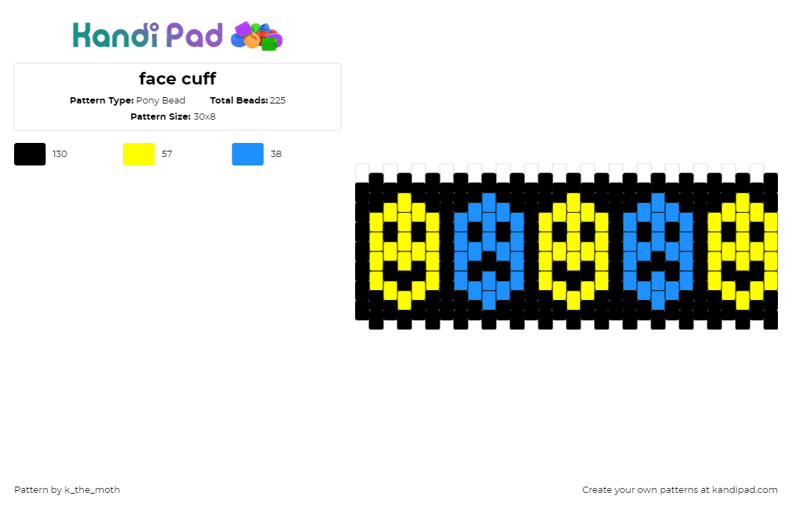 face cuff - Pony Bead Pattern by k_the_moth on Kandi Pad - smiley,face,repeating,cuff,yellow,blue,black