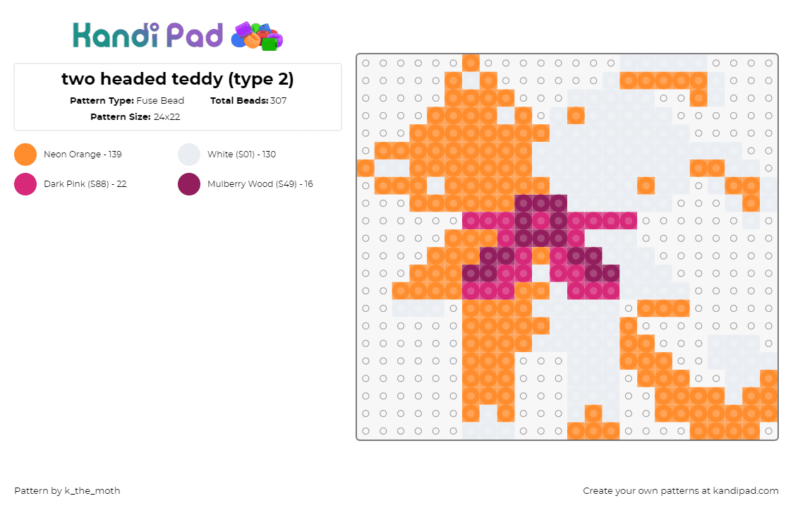 two headed teddy (type 2) - Fuse Bead Pattern by k_the_moth on Kandi Pad - teddy,plush,bow,bear,heads,cute,spooky,orange,white,pink