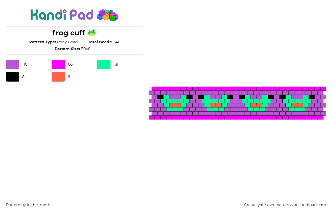 frog cuff  - Pony Bead Pattern by k_the_moth on Kandi Pad - frogs,repeating,amphibian,animal,cuff,green,purple