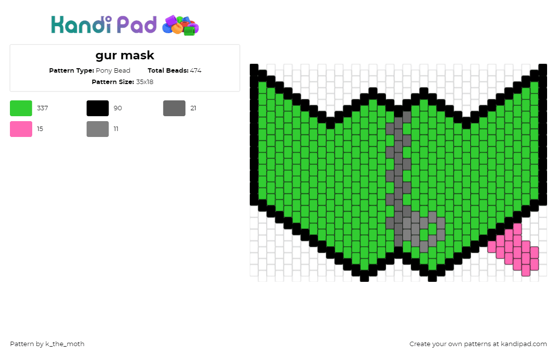 gur mask - Pony Bead Pattern by k_the_moth on Kandi Pad - gir,invader zim,tongue,mask,cartoon,tv show,green