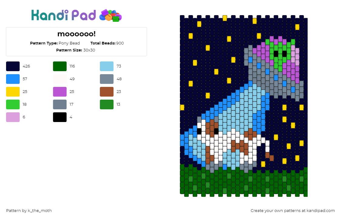 moooooo! - Pony Bead Pattern by k_the_moth on Kandi Pad - ufo,space,alien,cow,tractor bean,abduct,night,blue,light blue,green