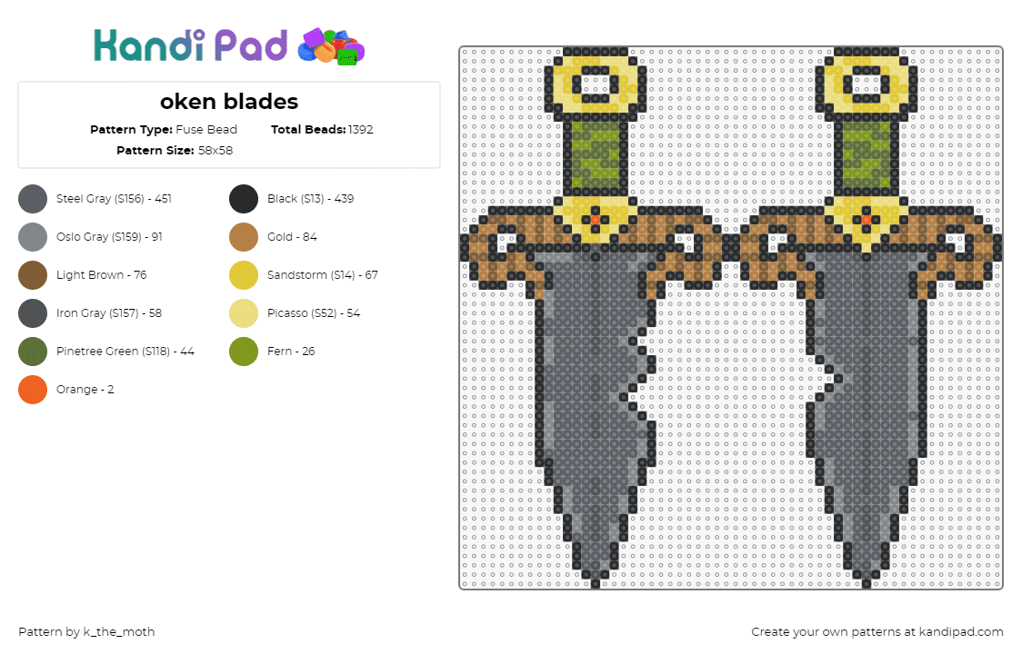 oken blades - Fuse Bead Pattern by k_the_moth on Kandi Pad - daggers,swords,knives,weapons,gray,yellow,green