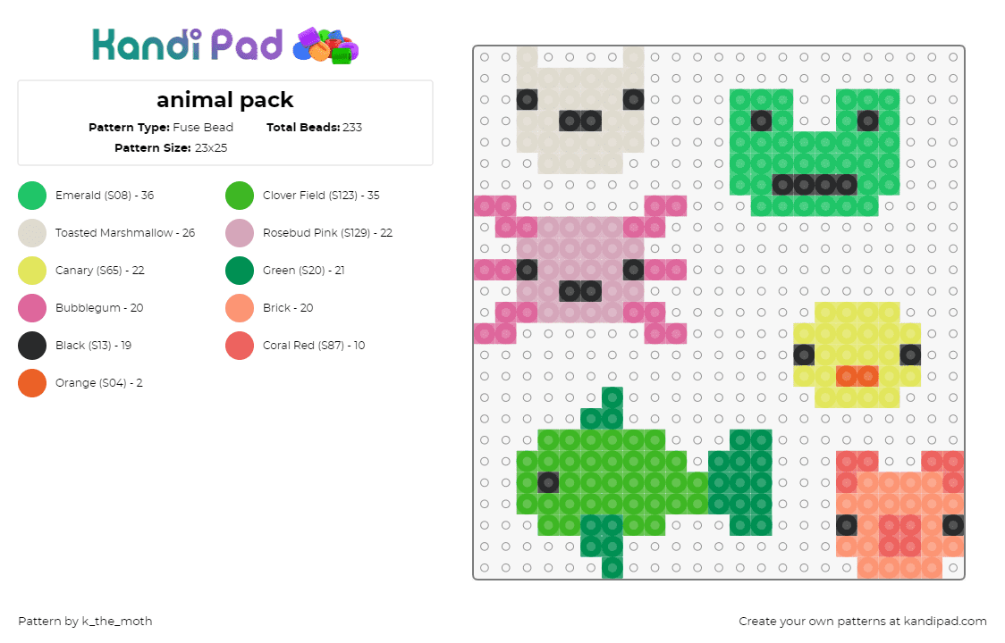 animal pack - Fuse Bead Pattern by k_the_moth on Kandi Pad - animals,charms,simple,cute,fish,axolotl,frog,pig,chick,green,pink,yellow