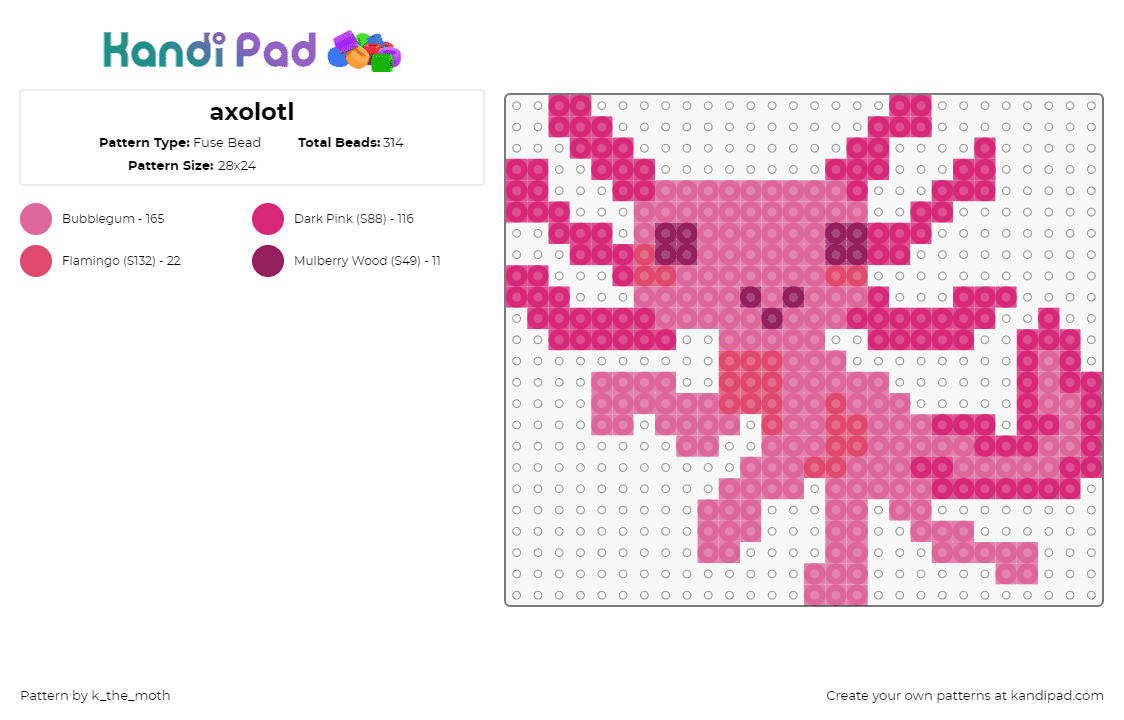 axolotl - Fuse Bead Pattern by k_the_moth on Kandi Pad - axolotl,fish,animal,cute,pink