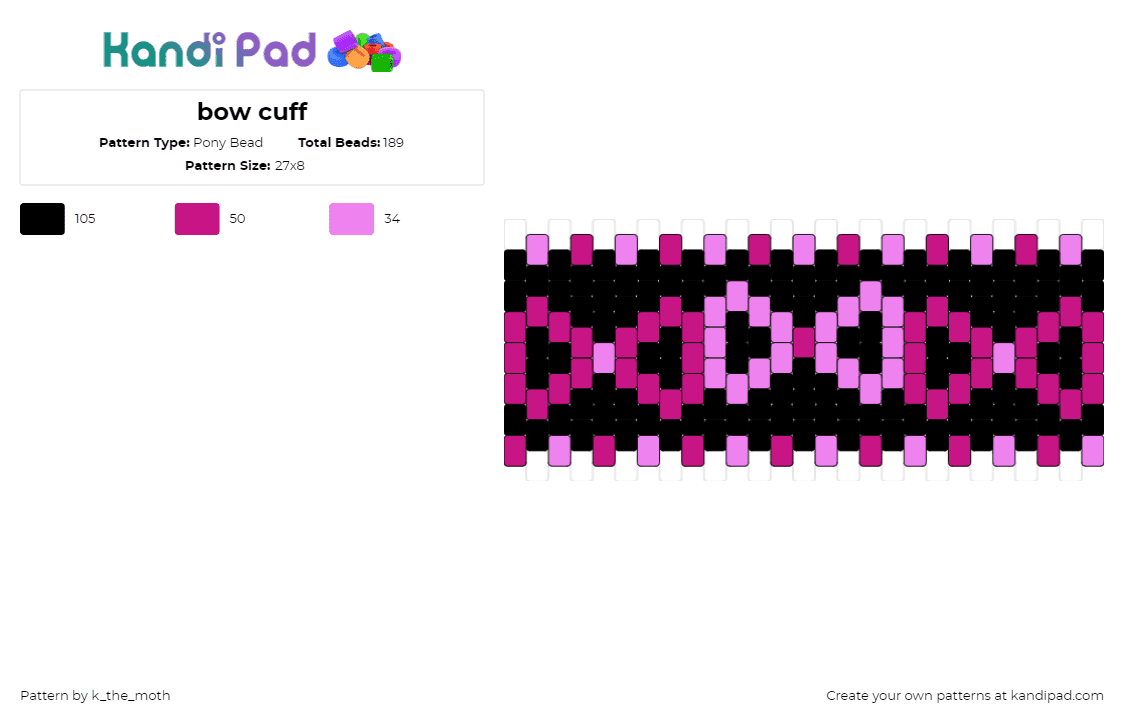 bow cuff - Pony Bead Pattern by k_the_moth on Kandi Pad - bows,cuff,pink,black