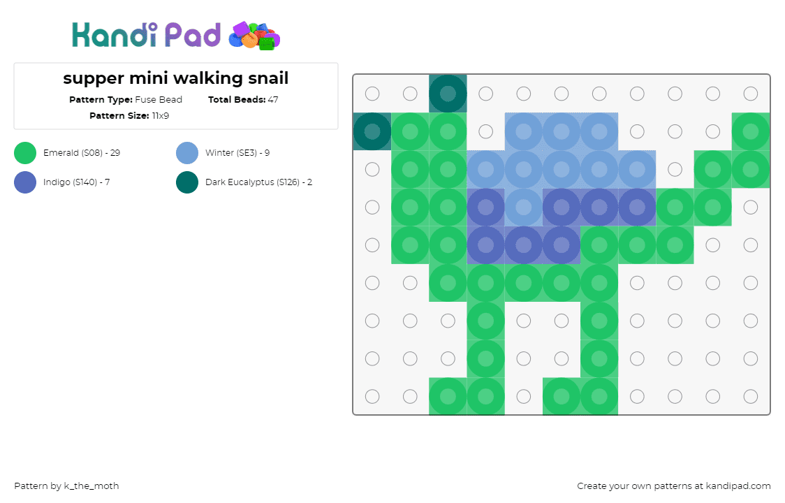 supper mini walking snail - Fuse Bead Pattern by k_the_moth on Kandi Pad - snail,creature,legs,shell,green,blue