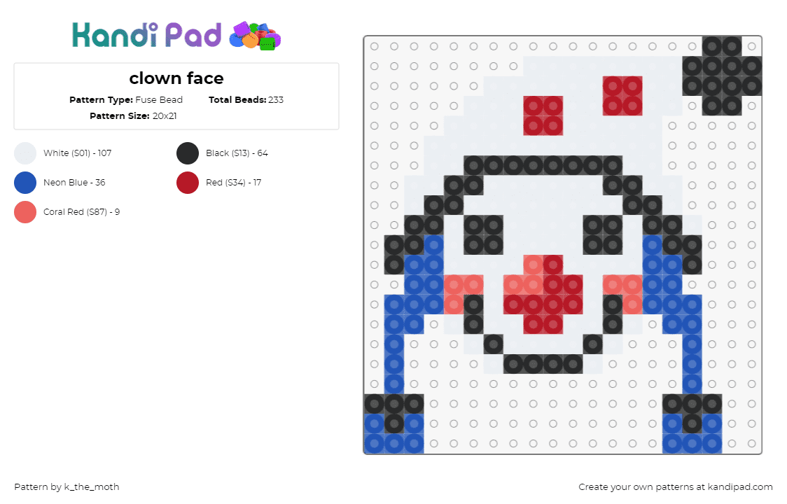 clown face - Fuse Bead Pattern by k_the_moth on Kandi Pad - clown,smile,head,party,white,blue,black