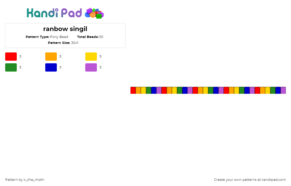 ranbow singil - Pony Bead Pattern by k_the_moth on Kandi Pad - rainbow,colorful,single,bracelet