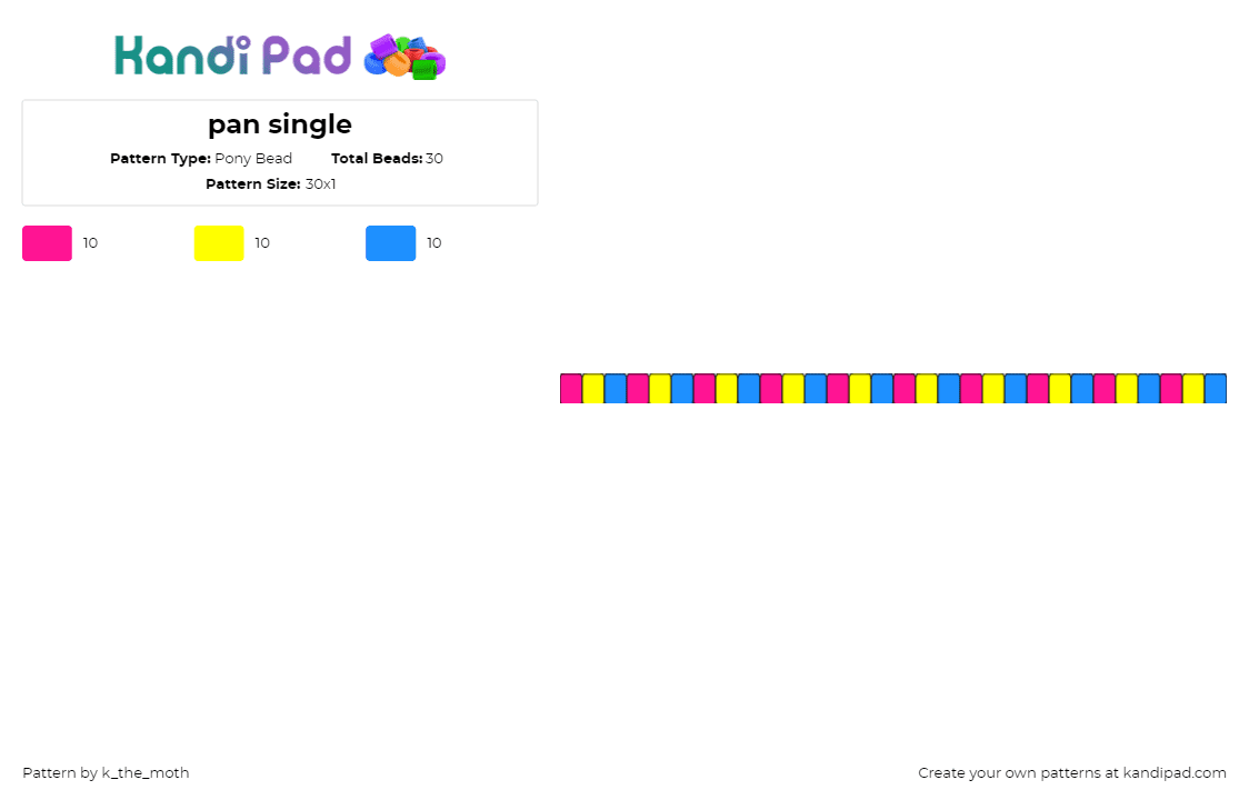 pan single - Pony Bead Pattern by k_the_moth on Kandi Pad - pansexual,pride,bright,single,bracelet,yellow,blue,pink