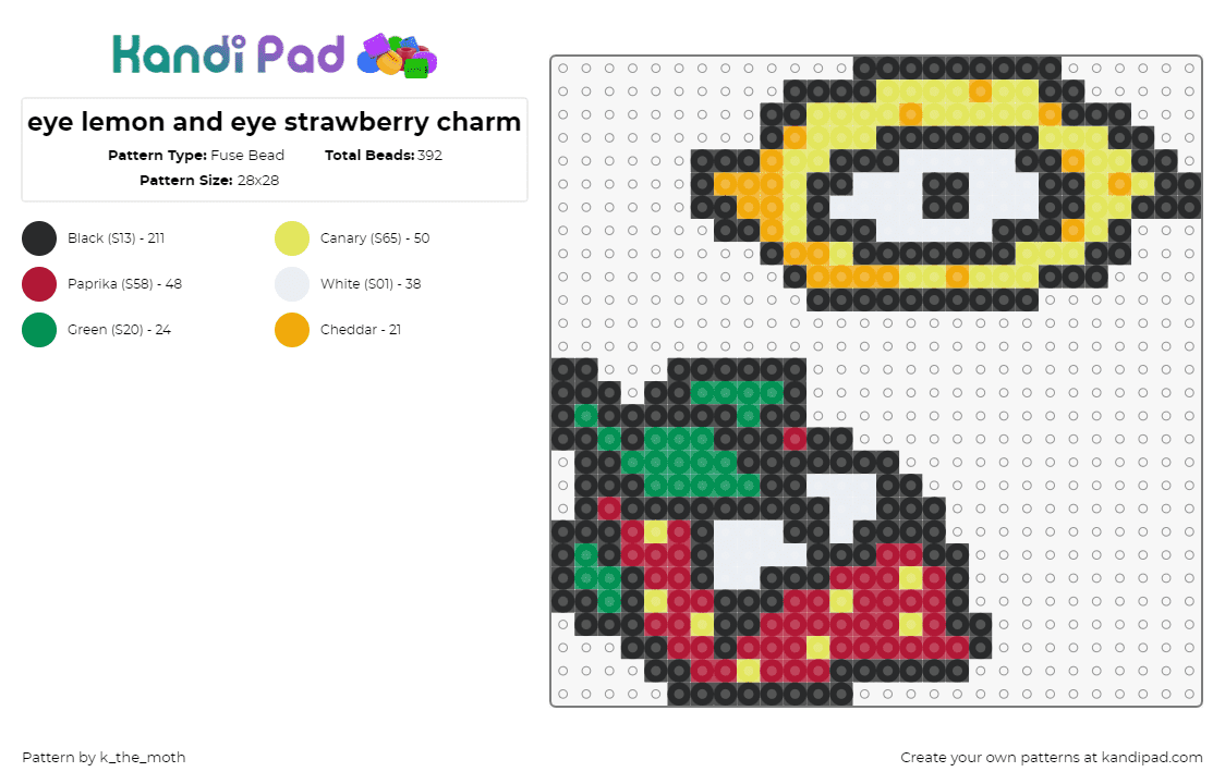 eye lemon and eye strawberry charm - Fuse Bead Pattern by k_the_moth on Kandi Pad - lemon,strawberry,fruit,citrus,eyes,yellow,red,green,white