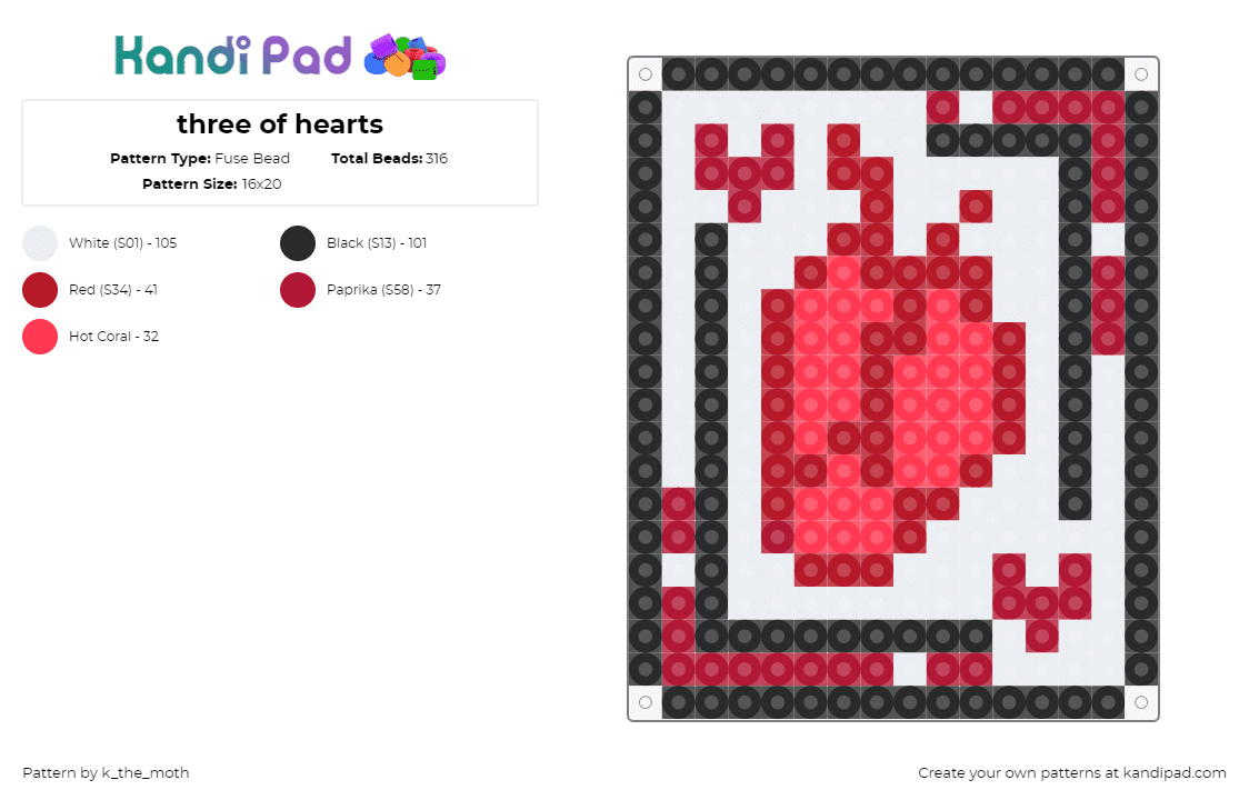 three of hearts - Fuse Bead Pattern by k_the_moth on Kandi Pad - card,hearts,suit,gaming,red,white