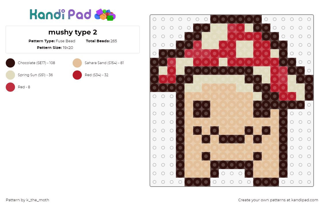 mushy type 2 - Fuse Bead Pattern by k_the_moth on Kandi Pad - mushroom,character,cute,tan,red