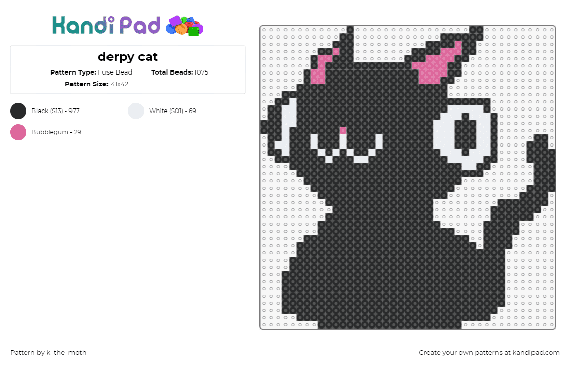 derpy cat - Fuse Bead Pattern by k_the_moth on Kandi Pad - cat,derpy,cute,smile,animal,eyes,black,white,pink