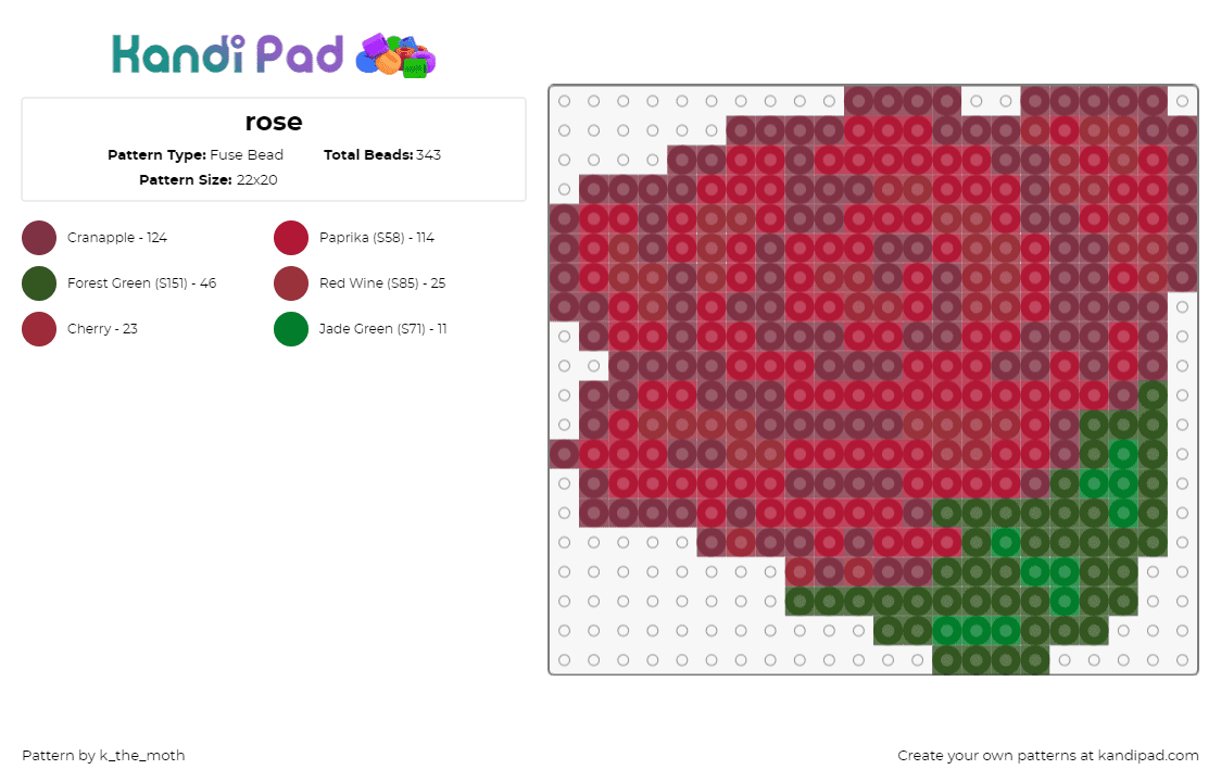 rose - Fuse Bead Pattern by k_the_moth on Kandi Pad - rose,flower,bloom,petals,love,valentine,red,green