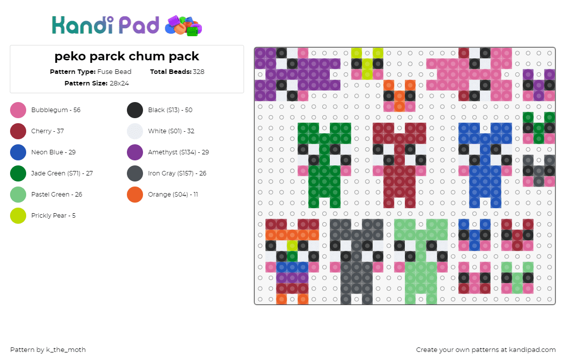 peko parck chum pack - Fuse Bead Pattern by k_the_moth on Kandi Pad - peko park,characters,video game,charms,colorful,green,red,pink,blue