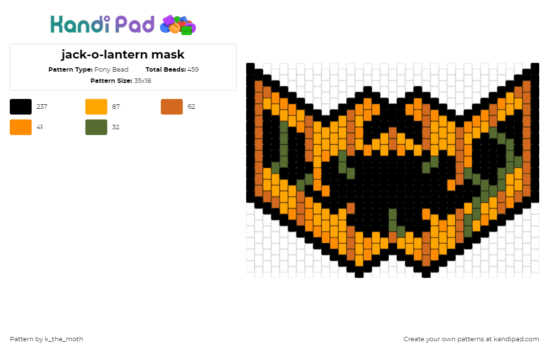 jack-o-lantern mask - Pony Bead Pattern by k_the_moth on Kandi Pad - jackolantern,pumpkin,mask,spooky,creepy,halloween,smile,mouth,black,orange