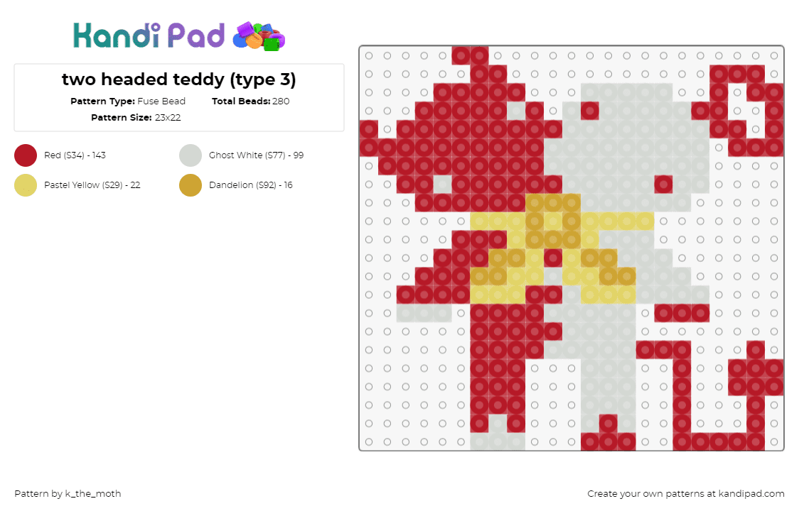 two headed teddy (type 3) - Fuse Bead Pattern by k_the_moth on Kandi Pad - teddy,devil,plush,bow,bear,heads,cute,spooky,red,beige,yellow