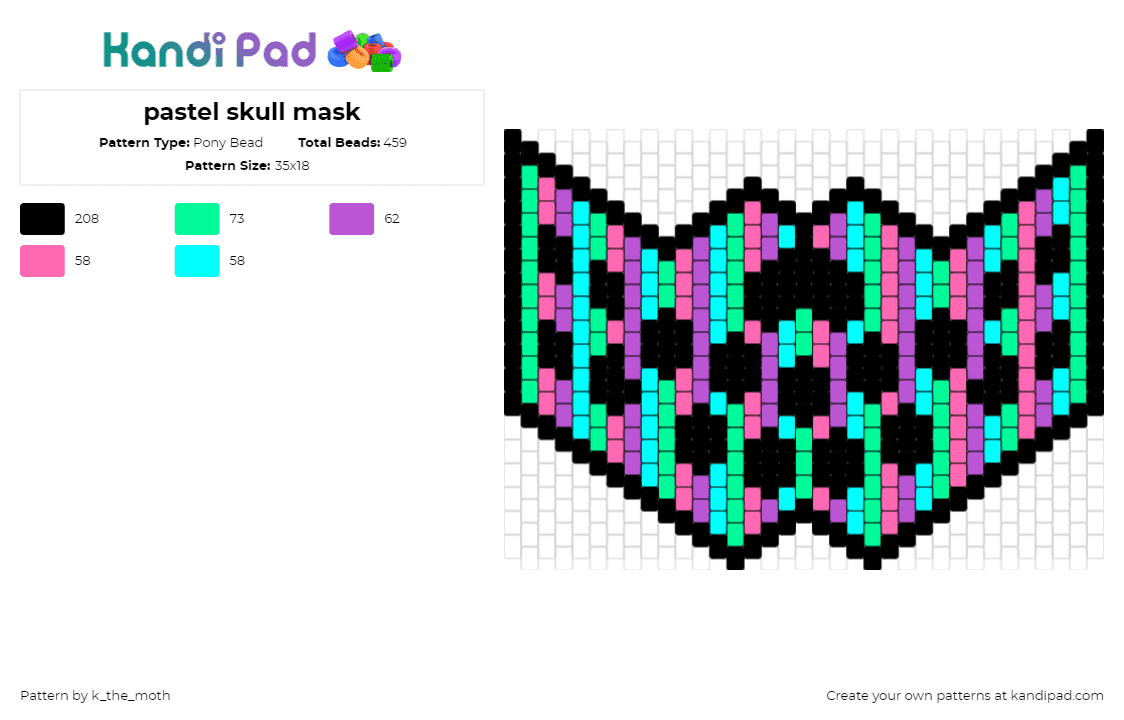 pastel skull mask - Pony Bead Pattern by k_the_moth on Kandi Pad - skull,face,mouth,neon,stripes,mask,spooky,smile,halloween,teal,pink,black