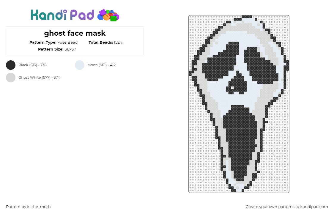 ghost face mask - Fuse Bead Pattern by k_the_moth on Kandi Pad - ghostface,scream,mask,horror,slasher,movie,halloween,white,black