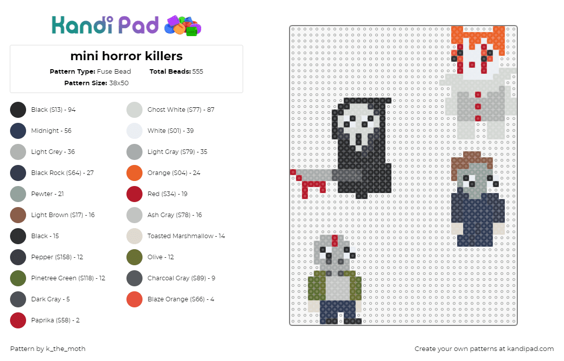 mini horror killers - Fuse Bead Pattern by k_the_moth on Kandi Pad - horror,villains,characters,it,pennywise,scream,jason,michael myers,friday the 13th,halloween,charms,simple,cute,gray,red