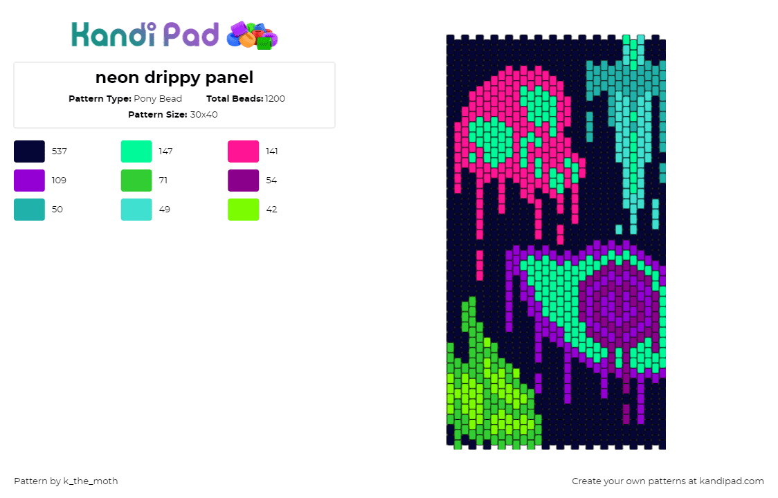 neon drippy panel - Pony Bead Pattern by k_the_moth on Kandi Pad - neon,skull,spooky,panel,drippy,melting,dark,black,pink,teal,green,purple