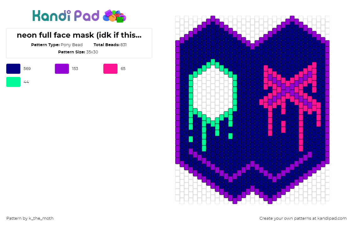 neon full face mask (idk if this pattern works but it\'s cool?) - Pony Bead Pattern by k_the_moth on Kandi Pad - neon,face,mask,drippy,purple,green,pink