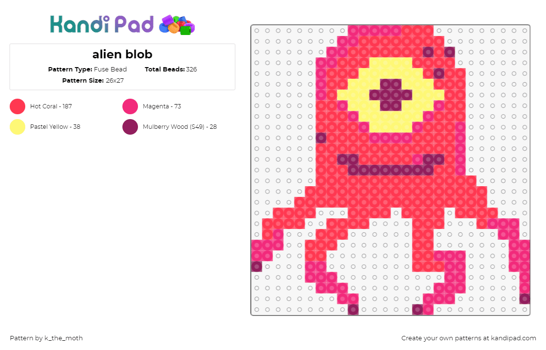 alien blob - Fuse Bead Pattern by k_the_moth on Kandi Pad - octopus,alien,cyclops,eye,creature,tentacles,smile,cute,pink,yellow