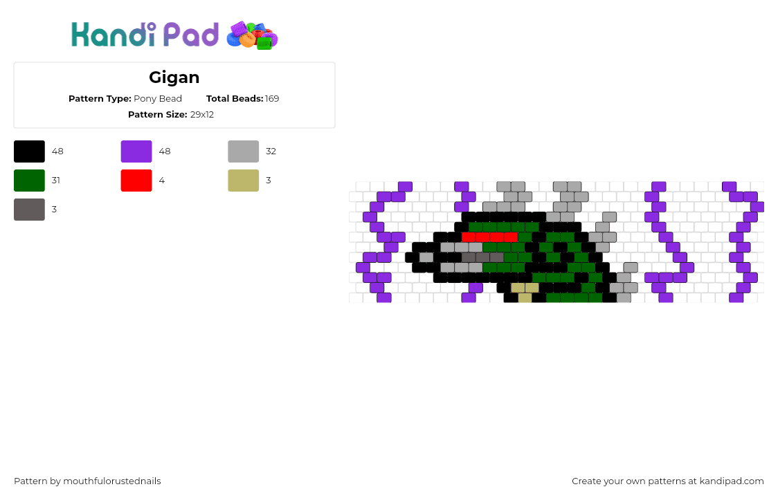 Gigan - Pony Bead Pattern by mouthfulorustednails on Kandi Pad - gigan,godzilla,monster,green,purple