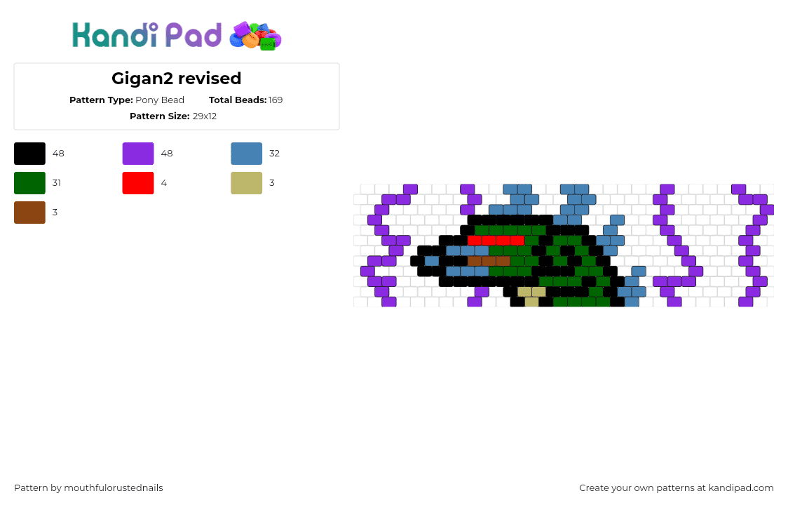 Gigan2 revised - Pony Bead Pattern by mouthfulorustednails on Kandi Pad - gigan,godzilla,monster,green,purple