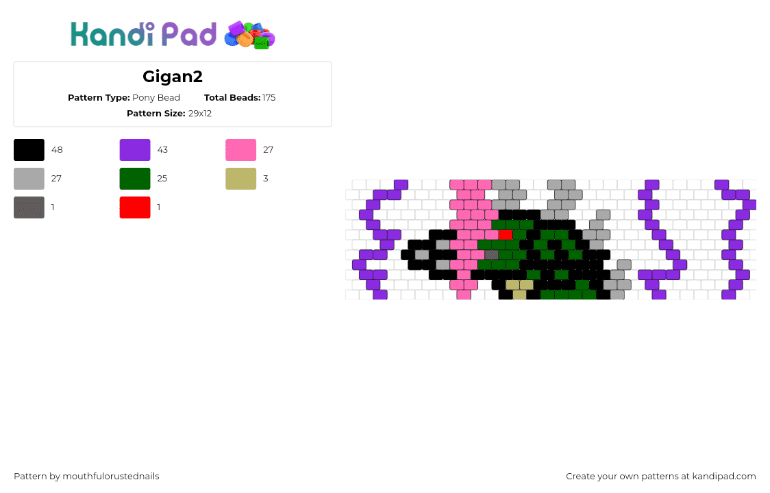 Gigan2 - Pony Bead Pattern by mouthfulorustednails on Kandi Pad - gigan,godzilla,monster,green,purple,pink