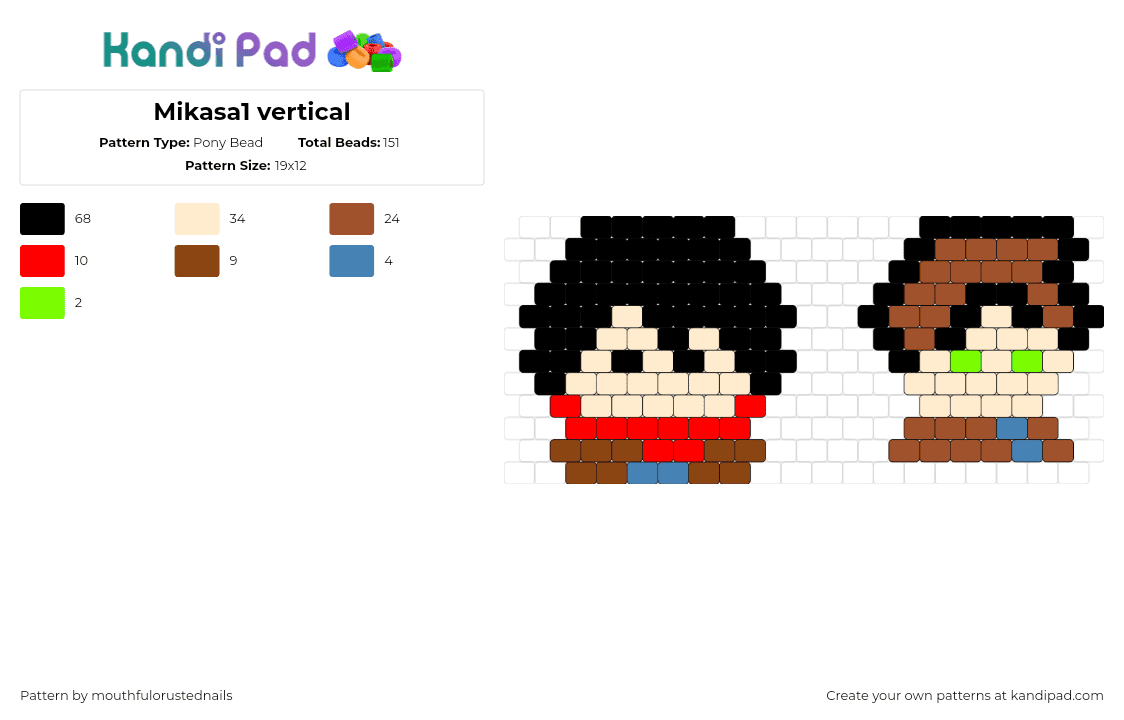 Mikasa1 vertical - Pony Bead Pattern by mouthfulorustednails on Kandi Pad - mikasa ackerman,attack on titan,chibi,manga,character,tan,black,brown