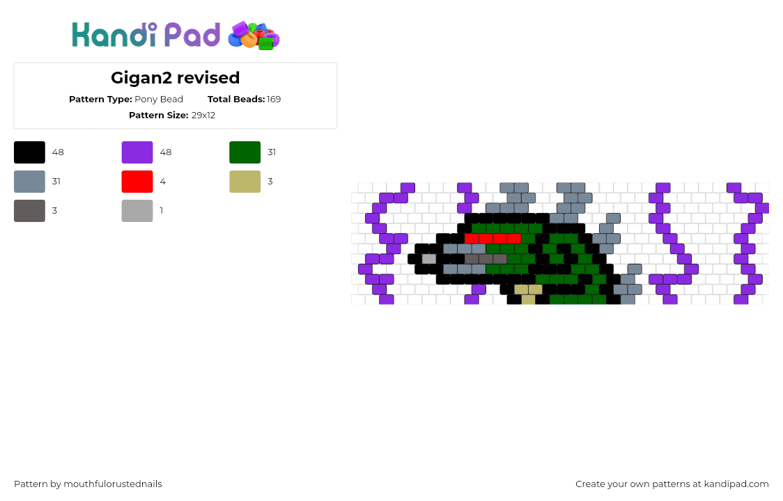 Gigan2 revised - Pony Bead Pattern by mouthfulorustednails on Kandi Pad - 