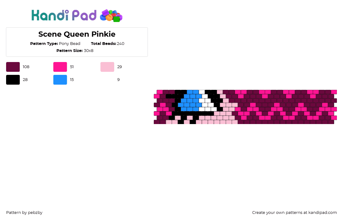 Scene Queen Pinkie - Pony Bead Pattern by pebzby on Kandi Pad - pinkie pie,mlp,scene,my little pony,zig zag,eye,cuff,pink