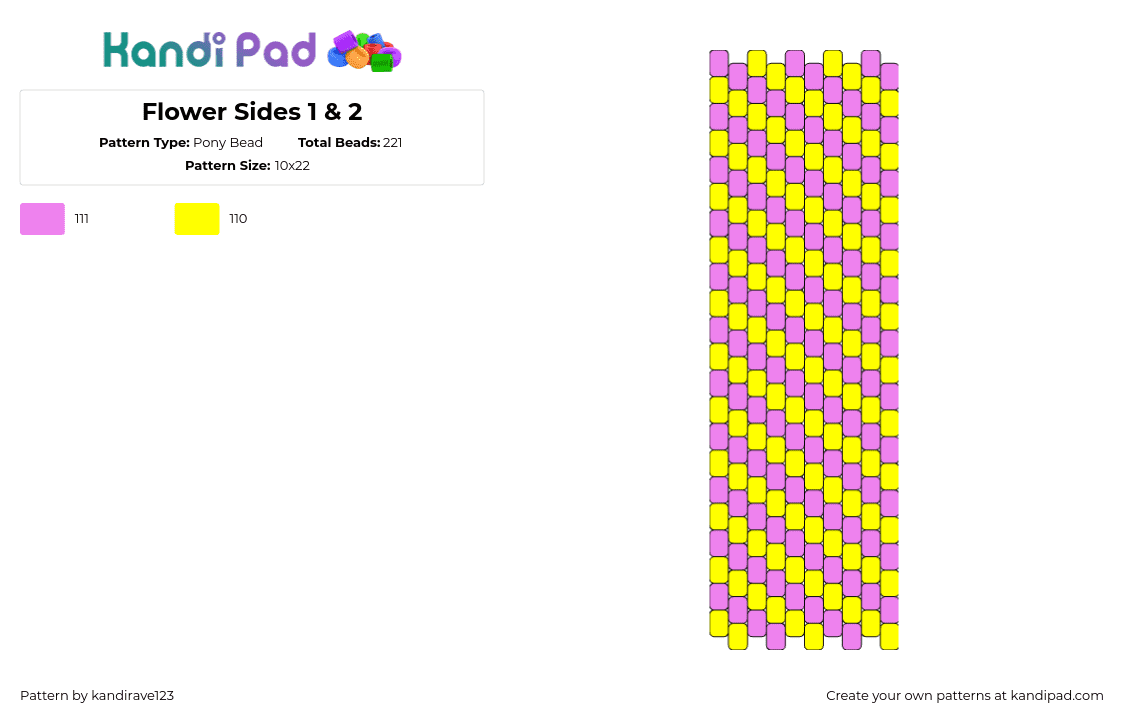 Flower Sides 1 & 2 - Pony Bead Pattern by kandirave123 on Kandi Pad - diagonal,stripes,summer,spring,panel,bag,pink,yellow