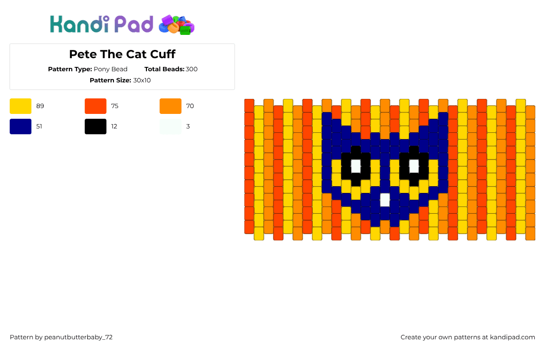 Pete The Cat Cuff - Pony Bead Pattern by peanutbutterbaby_72 on Kandi Pad - yellow,red,orange,pete the cat,cuff,peyote stitch