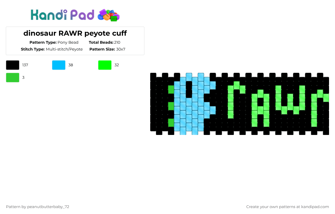dinosaur RAWR peyote cuff - Pony Bead Pattern by peanutbutterbaby_72 on Kandi Pad - black,green,light blue,dinosaur,peyote stitch,kandi,rawr,roar