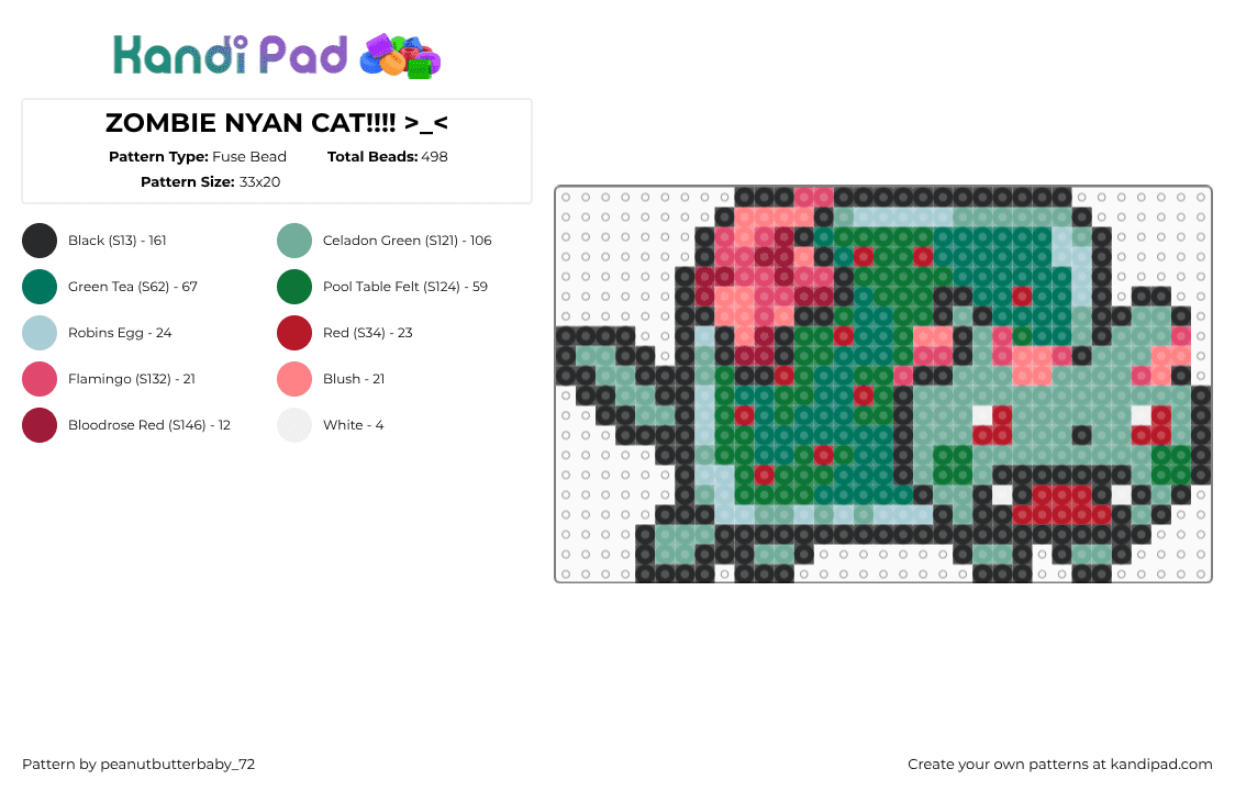 ZOMBIE NYAN CAT!!!! >_ - Fuse Bead Pattern by peanutbutterbaby_72 on Kandi Pad - nyan cat,zombie,perler,fusebead,cat,kitty,teal