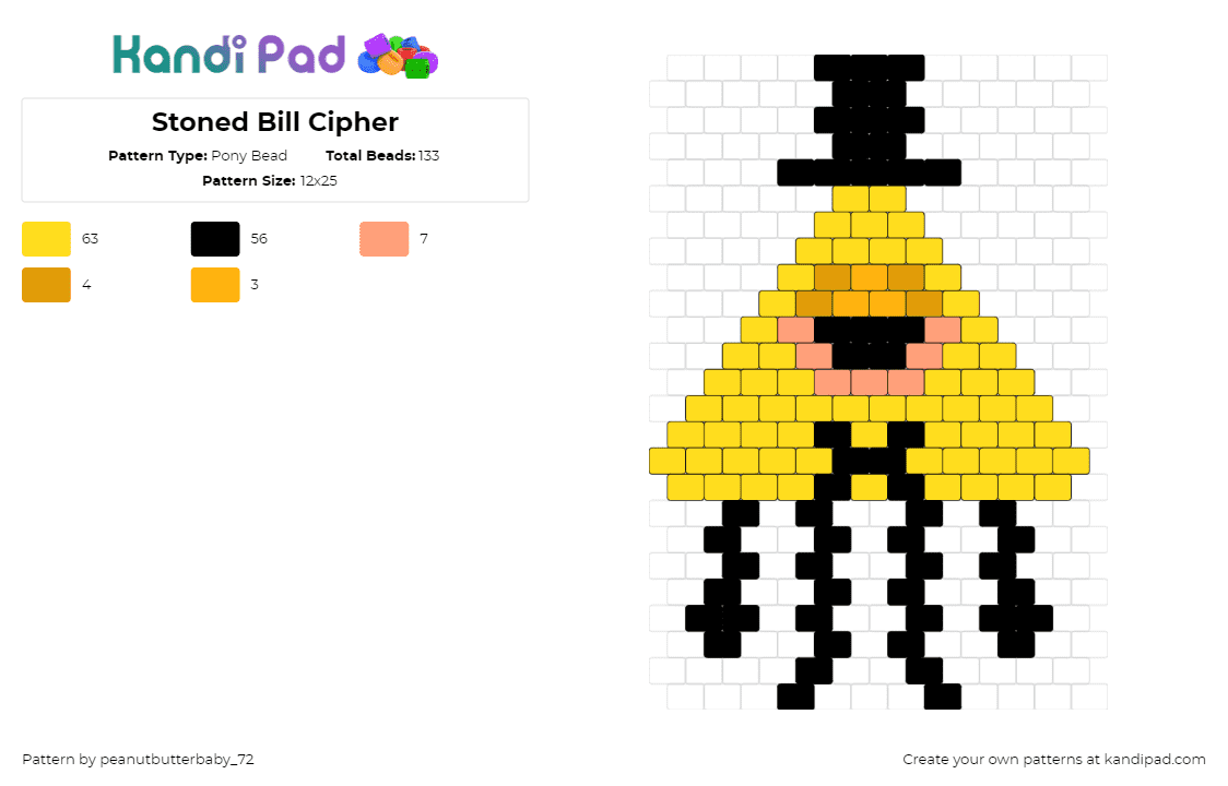 Stoned Bill Cipher - Pony Bead Pattern by peanutbutterbaby_72 on Kandi Pad - bill cipher,gravity falls,stunned,high,marijuana,weed,character,top hat,yellow,black