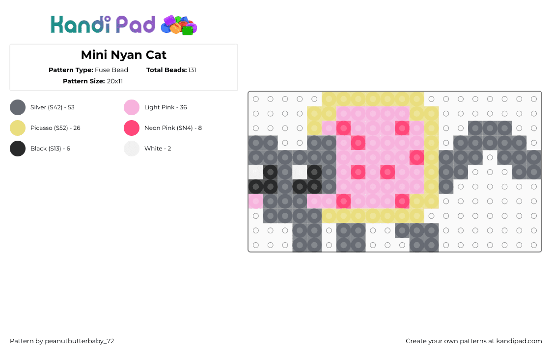 Mini Nyan Cat - Fuse Bead Pattern by peanutbutterbaby_72 on Kandi Pad - gray,pink,fuse,fuse beads,perler,perler beads,nyan cat,mini