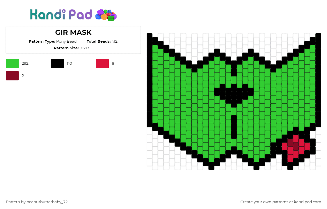 GIR MASK - Pony Bead Pattern by peanutbutterbaby_72 on Kandi Pad - gir,invader zim,tongue,mask,cartoon,tv show,green,red