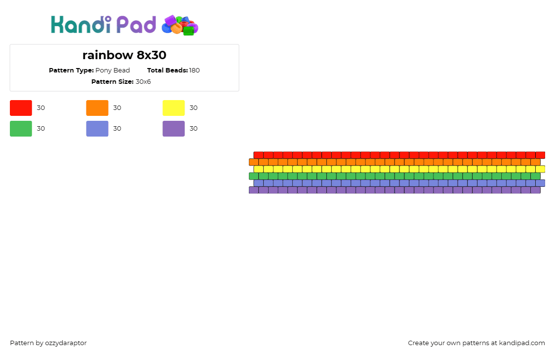 rainbow 8x30 - Pony Bead Pattern by ozzydaraptor on Kandi Pad - rainbow,cuff