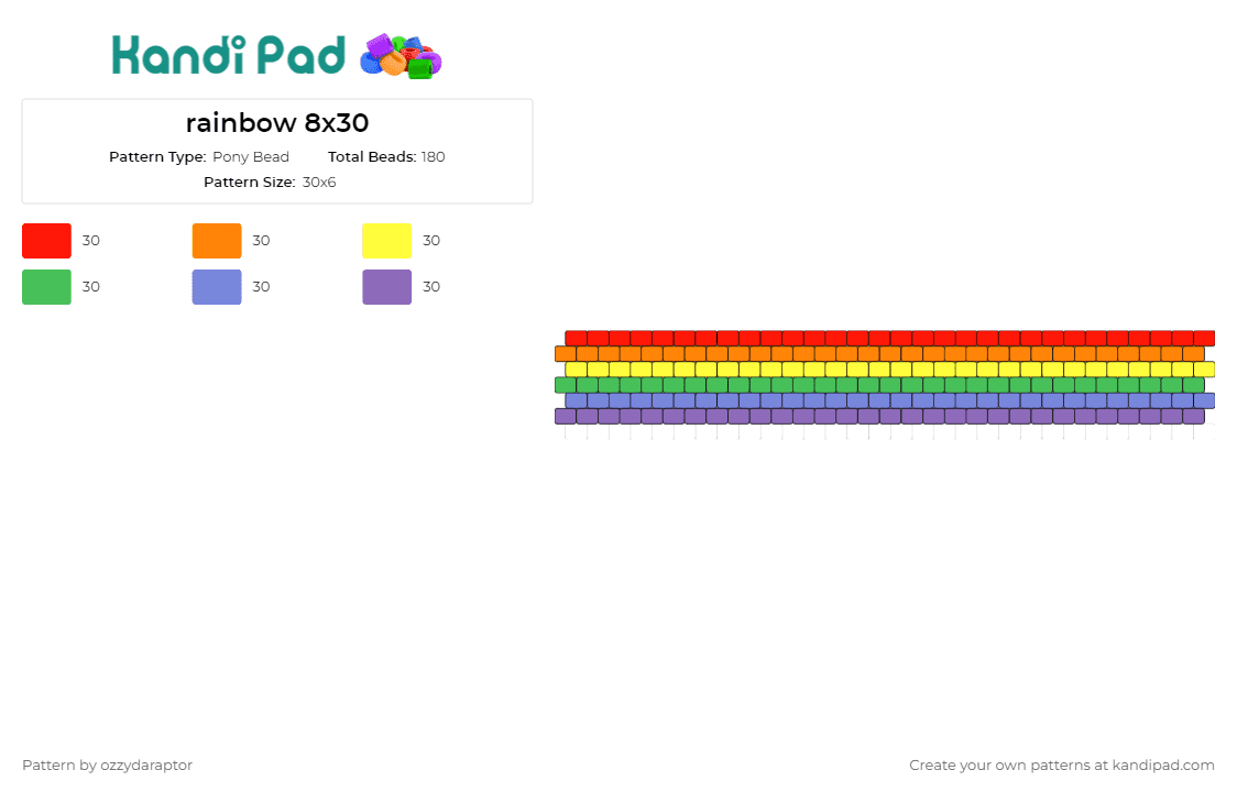 rainbow 8x30 - Pony Bead Pattern by ozzydaraptor on Kandi Pad - rainbow,cuff