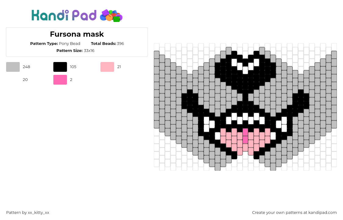 Fursona mask - Pony Bead Pattern by xx_kitty_xx on Kandi Pad - fursona,furry,mask,community,tongue,animal,gray,pink,black