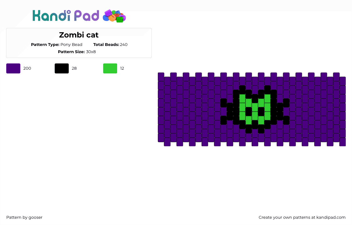 Zombi cat - Pony Bead Pattern by gooser on Kandi Pad - zombie,cat,cute,halloween,spooky,cuff,purple,green