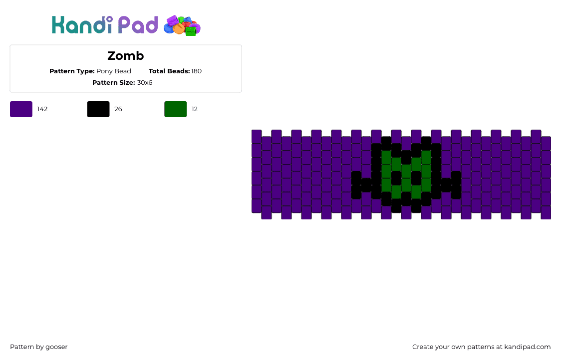 Zomb - Pony Bead Pattern by gooser on Kandi Pad - zombie,cat,halloween,spooky,simple,cuff,green,purple