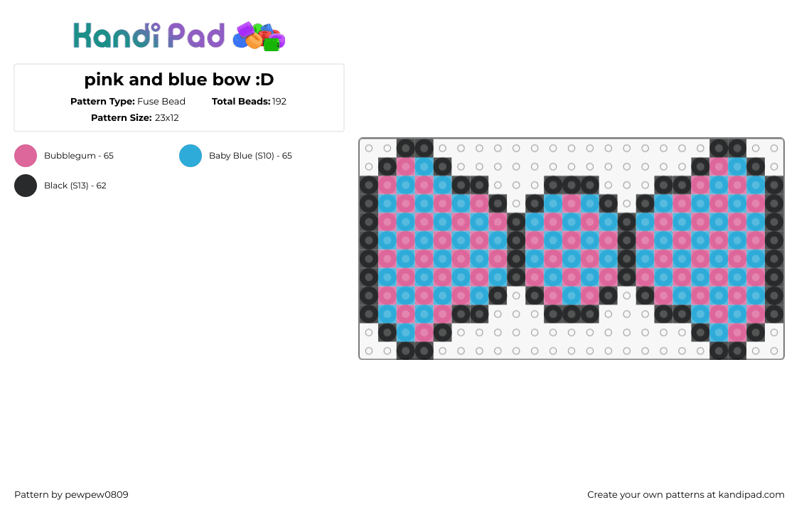 pink and blue bow :D - Fuse Bead Pattern by pewpew0809 on Kandi Pad - bow,tie,checkered,cotton candy,clothing,pink,blue