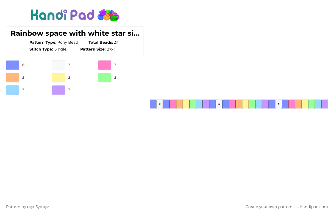 Rainbow pastel space with white stars single - Pony Bead Pattern by r4yn3yd4yz on Kandi Pad - blue,pink,star,single,pastel,rainbow,space,cute,galaxy,colorful