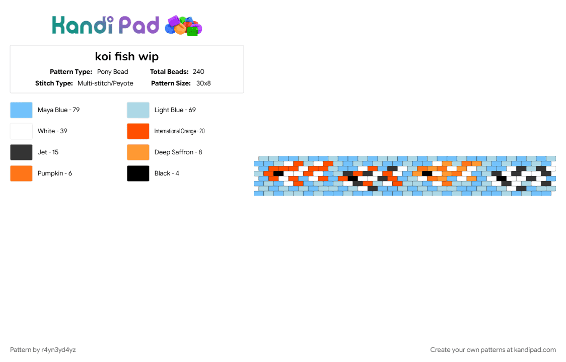 koi fish cuff - Pony Bead Pattern by r4yn3yd4yz on Kandi Pad - animal, black, cute, fish, light blue, ocean, orange, water, white