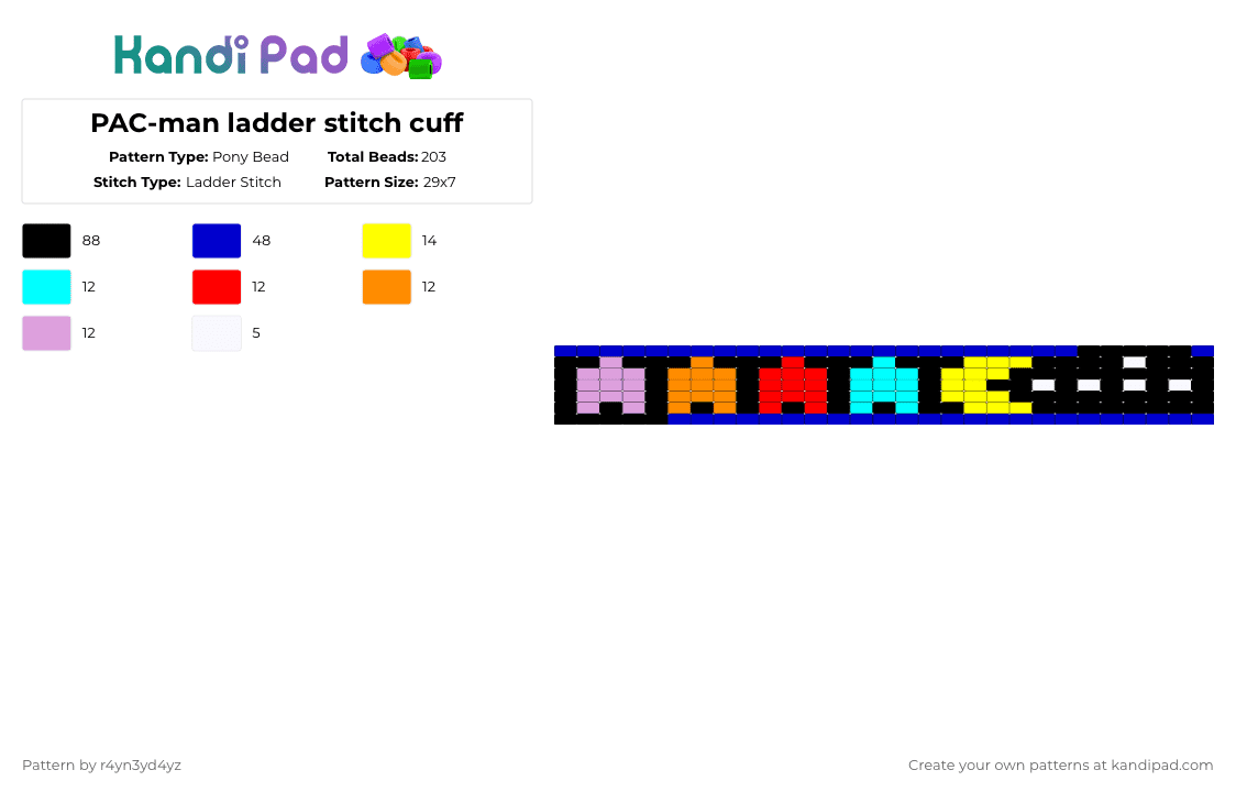 PAC-man ladder stitch cuff - Pony Bead Pattern by r4yn3yd4yz on Kandi Pad - black,purple,retro,pacman,arcade,gaming,cuff,neon,ladder,kandi
